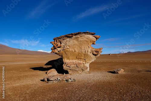 Arbol de Piedra (rock or stone tree) in the Siloli Desert. Snow-capped volcanoes and desert landscapes in the highlands of Bolivia. Andean landscapes of the Bolivia Plateau