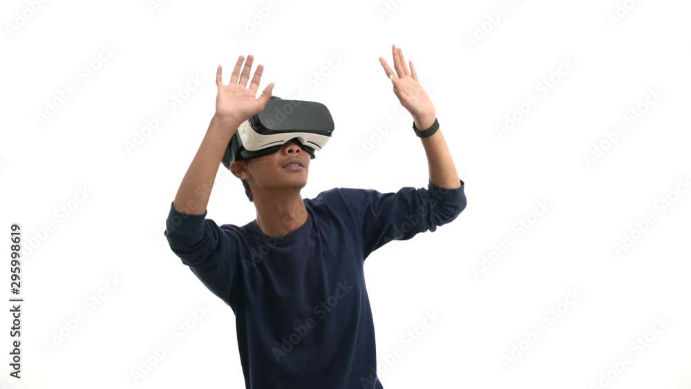 young man wearing navy shirt with glasses of virtual reality. Future technology concept young man wearing navy shirt with glasses of virtual reality. Future technology concept