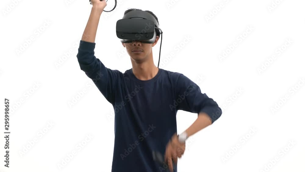 young man wearing navy shirt with glasses of virtual reality. Future technology concept young man wearing navy shirt with glasses of virtual reality. Future technology concept