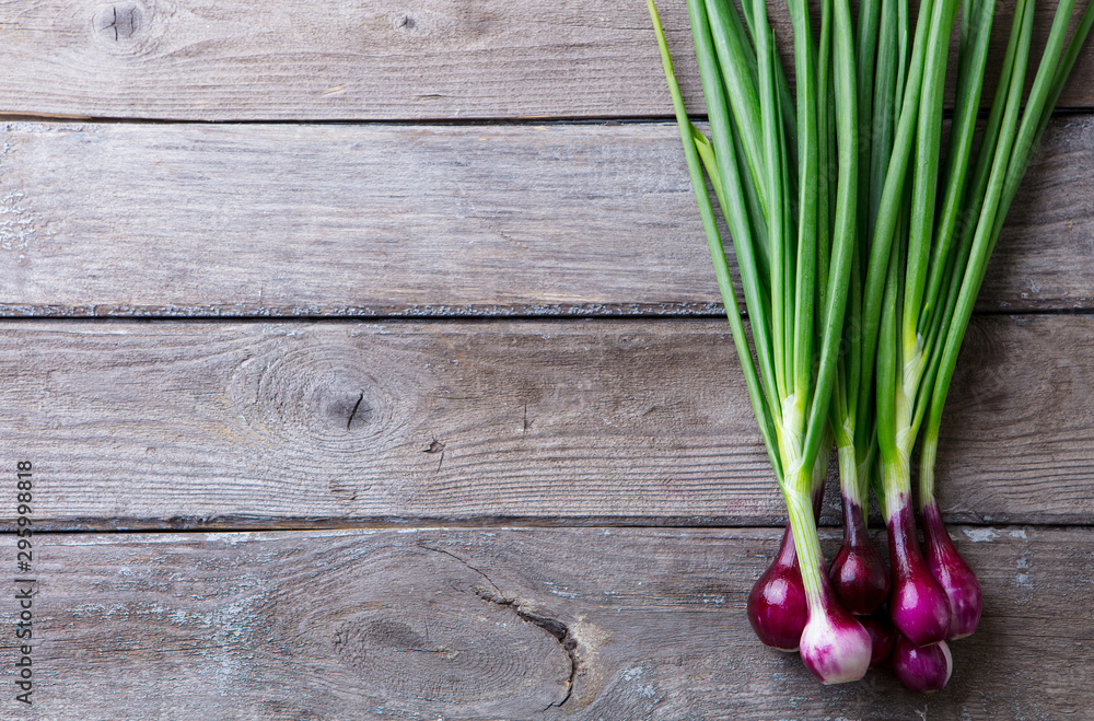Red onion with fresh green sprouts on wooden background. Copy space. Top view. Red onion with fresh green sprouts on wooden background. Copy space. Top view.