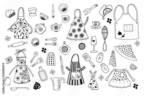 Cook's apron and cooking utensils. Hand made vector illustration in doodle style.