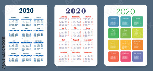 Calendar 2020. Colorful vector set. Pocket calender collection. Week starts on Sunday. Basic grid template for print