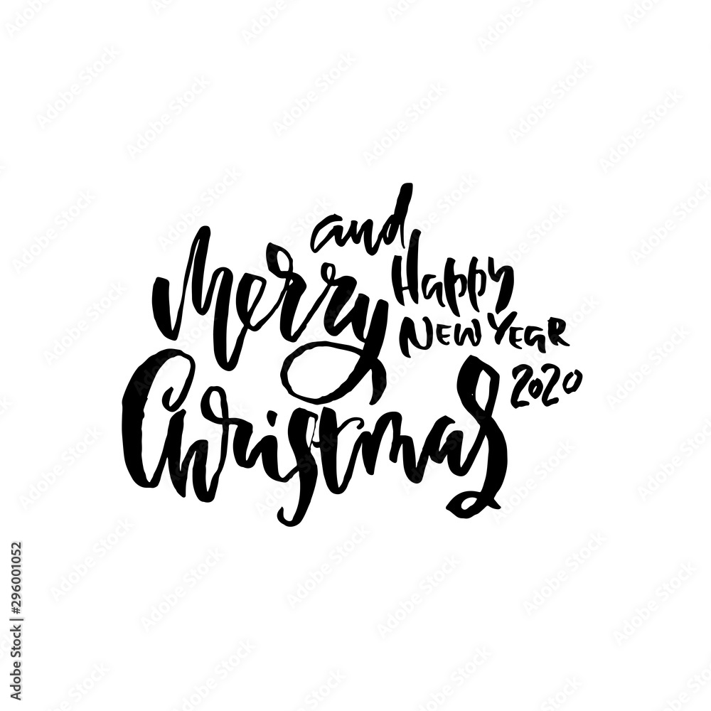 Obraz premium Merry Christmas and Happy New Year. Holiday modern dry brush ink lettering for greeting card. Vector illustration