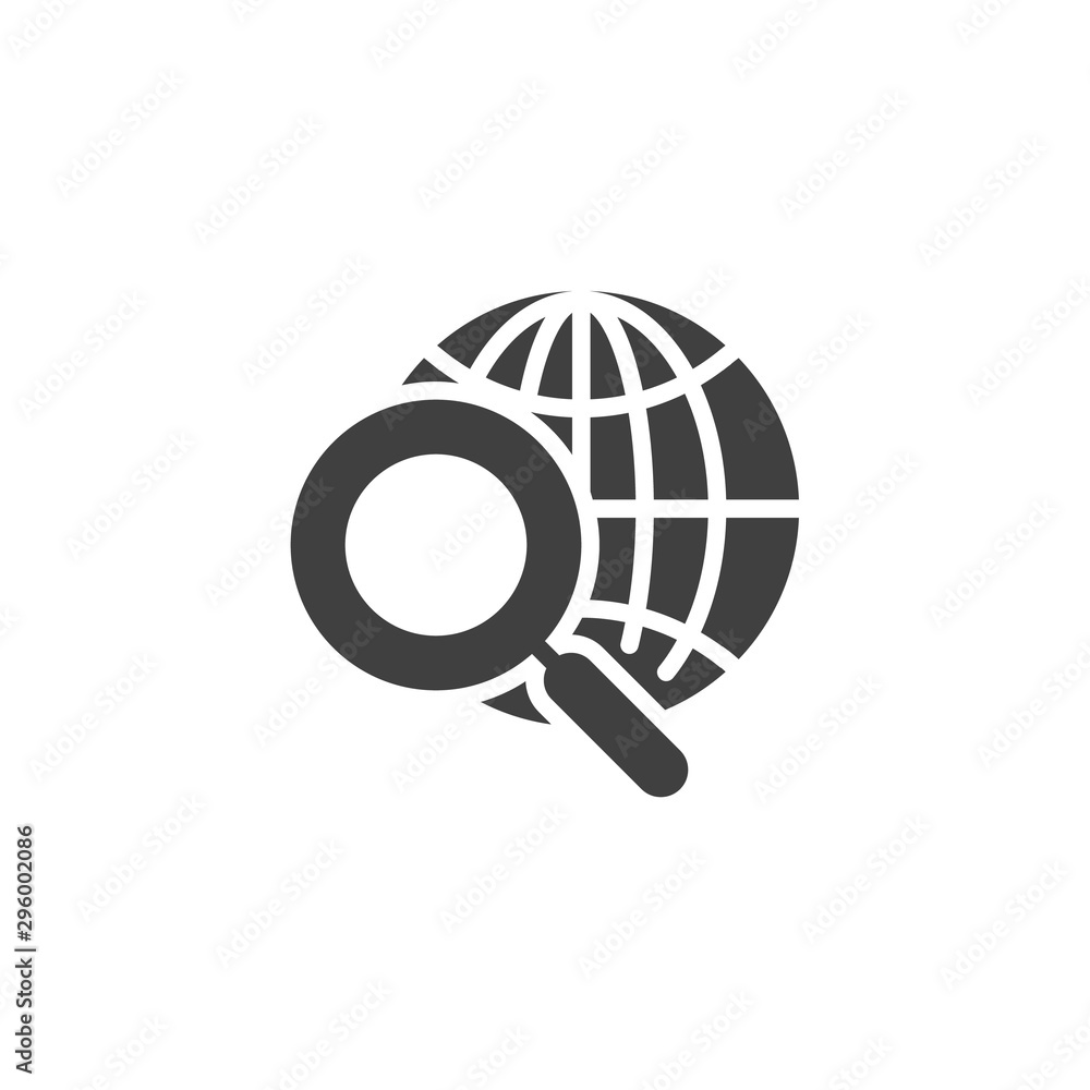 Global search vector icon. filled flat sign for mobile concept and web design. Globe and magnifying glass glyph icon. Symbol, logo illustration. Vector graphics Global search vector icon. filled flat sign for mobile concept and web design. Globe and magnifying glass glyph icon. Symbol, logo illustration. Vector graphics