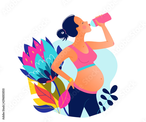 Young pregnant beautiful woman drinking water after training. Stay hydrated. Wellness concept. Classes in single sports. Hand drawn style vector illustration