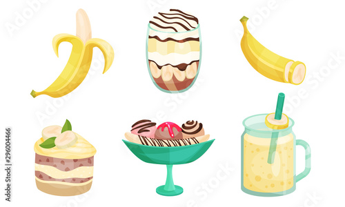 Set of different banana desserts. Vector illustration.