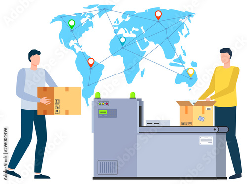 International business, worldwide shipping and delivery flat style characters working on orders fulfillment. Logistics and transportation. Vector illustration in flat cartoon style