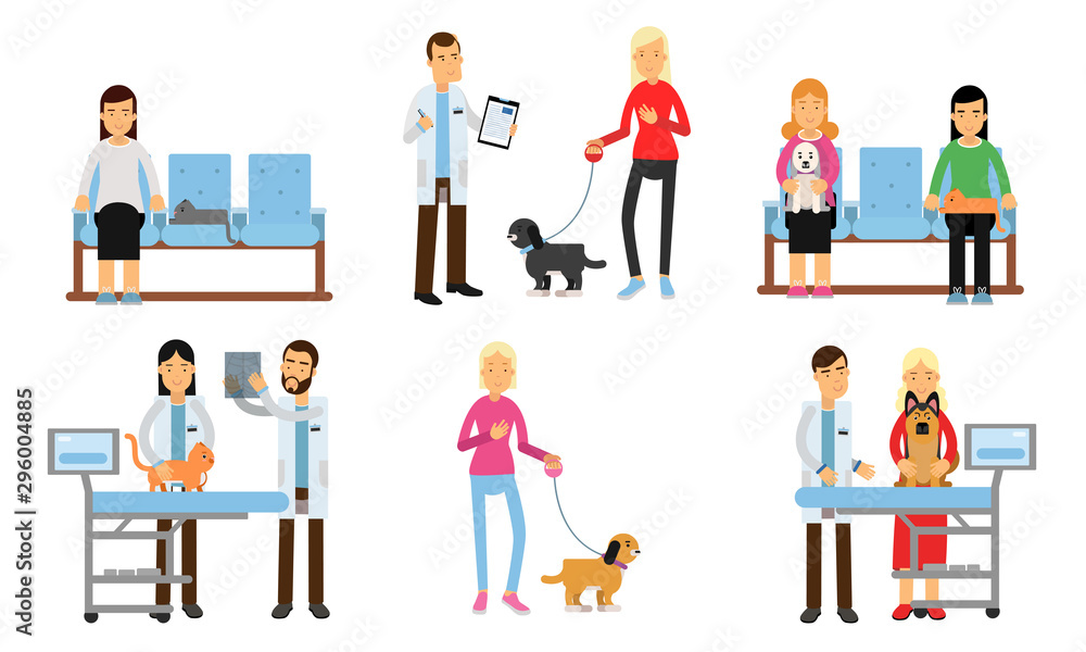 Set of situations in a veterinary clinic. Vector illustration. Set of situations in a veterinary clinic. Vector illustration.