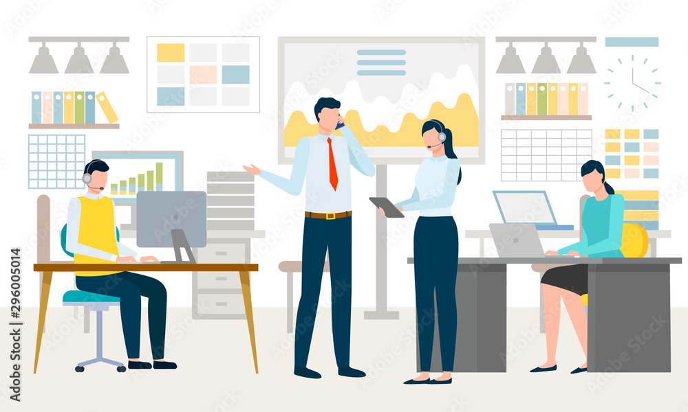 Workspace of team, boss and employee talking about problems. Modern working atmosphere, office job freelancers with laptops analyzing data. Vector illustration in flat cartoon style Workspace of team, boss and employee talking about problems. Modern working atmosphere, office job freelancers with laptops analyzing data. Vector illustration in flat cartoon style