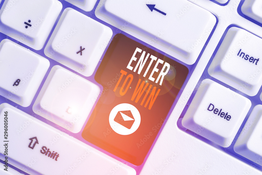 Conceptual hand writing showing Enter To Win. Concept meaning exchanging something value for prize or chance of winning White pc keyboard with note paper above the white background