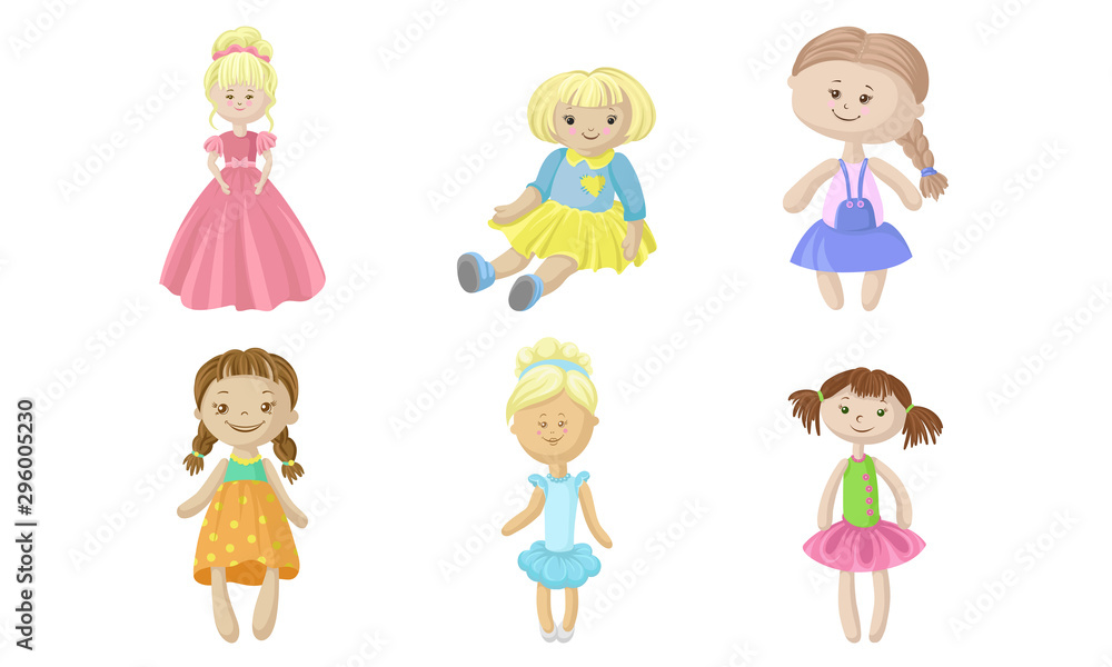 Set of rag dolls in dresses. Vector illustration. Set of rag dolls in dresses. Vector illustration.