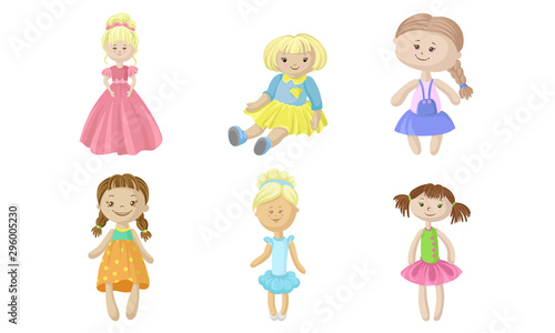 Set of rag dolls in dresses. Vector illustration.