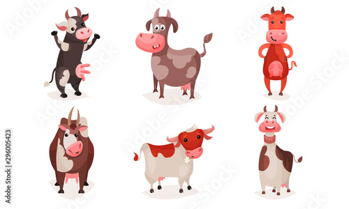 Set of spotted cartoon cows. Vector illustration.