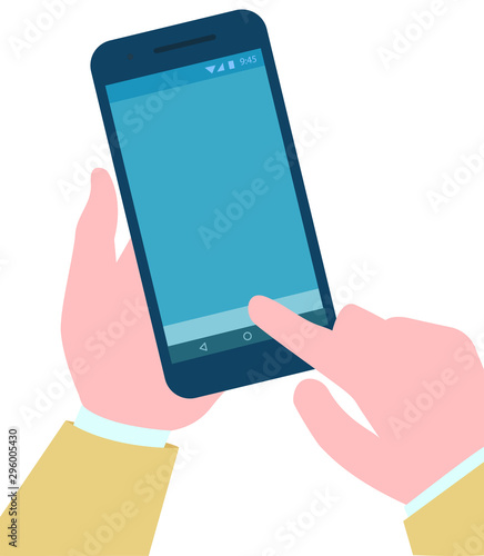 User with phone in hands, isolated gadget smartphone device with blue screen touchscreen of mobile phone. Service online, internet usage. Vector illustration in flat cartoon style