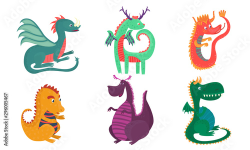 Set of cute cartoon dragons. Vector illustration.