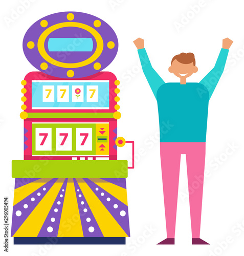 Young man playing colorful slot machine. Cheerful guy winning money in casino, game of chance. Gambling vector, lucky seven, jackpot symbol. Vector illustration in flat cartoon style