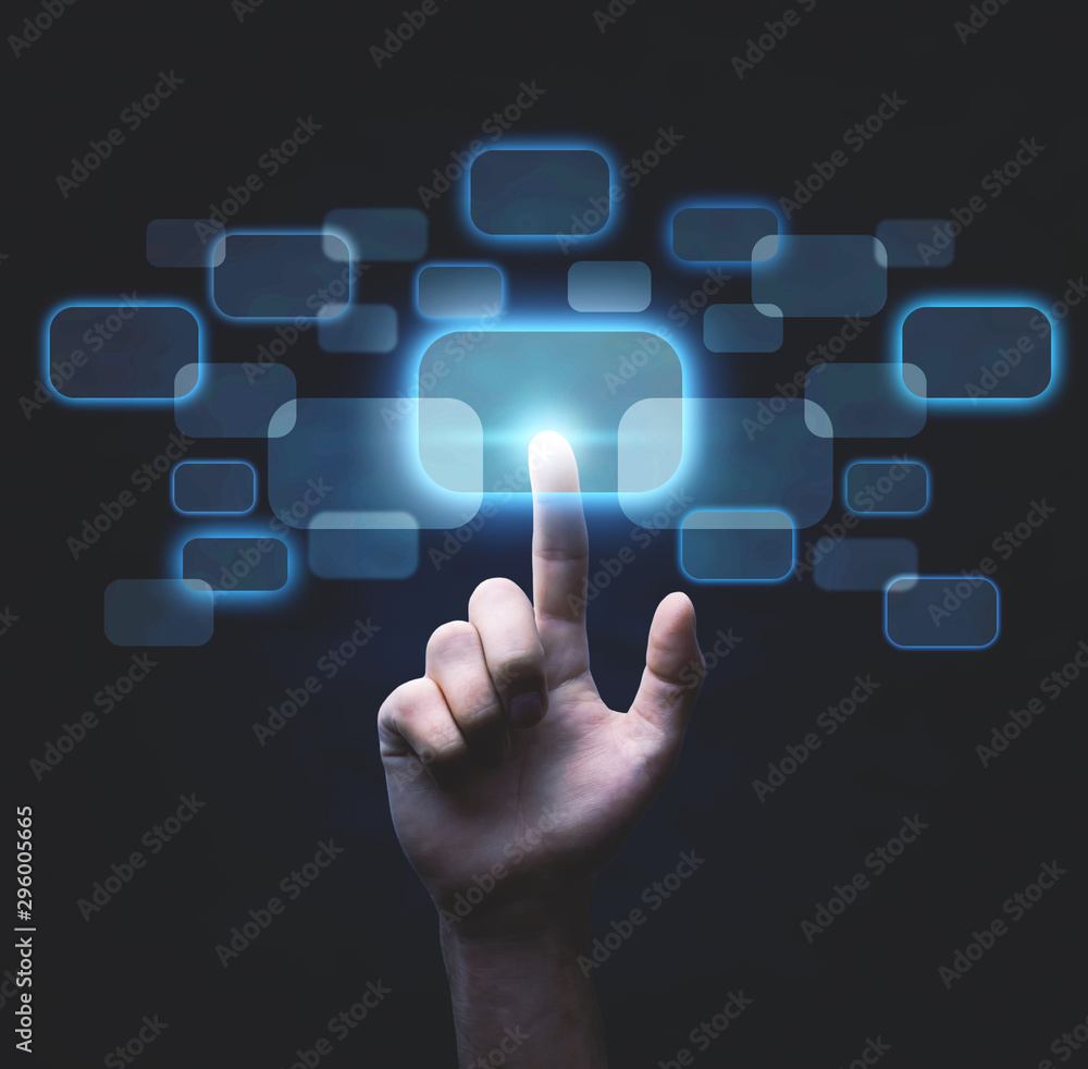 Male hand touching in virtual button. Business, Technology Male hand touching in virtual button. Business, Technology