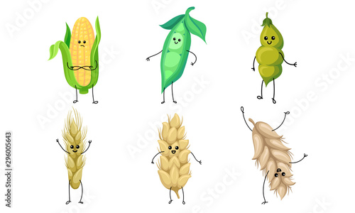 Set of cute pods and ears of corn. Vector illustration.