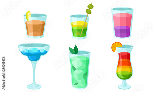 Set of multi-colored cocktails in glasses. Vector illustration.