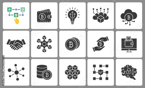 Blockchain icons set. Black vector illustrations isolated on white.