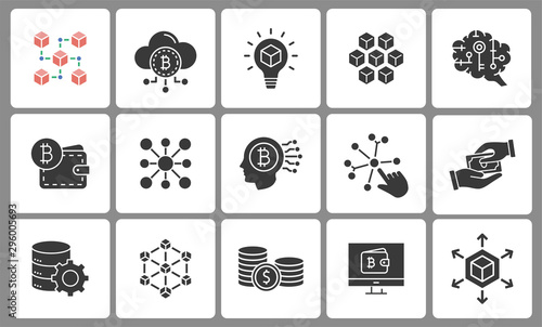 Blockchain icons set. Black vector illustrations isolated on white.
