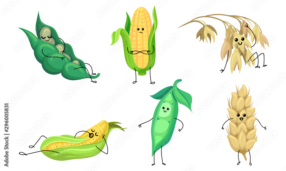 Fototapeta premium Set of humanized ears of corn and ears. Vector illustration.