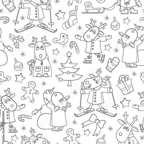 Fototapeta Naklejka Na Ścianę i Meble -  Seamless pattern for the new year and Christmas, funny cartoon moose for winter entertainment, contour  animals on a white background