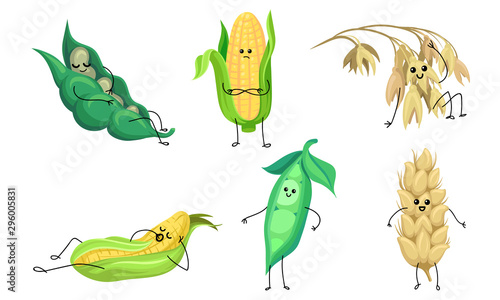 Set of humanized ears of corn and ears. Vector illustration.