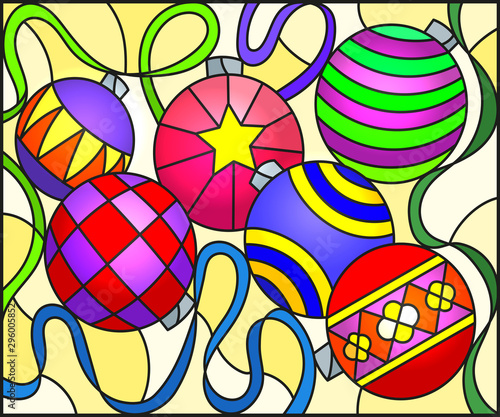 Illustration in stained glass style with still life of new year toys and serpentine on a yellow background