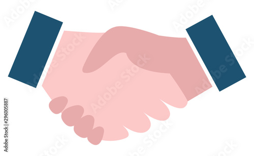 Shaking hands symbol, element of broker collaboration. Symbol of partnership, businessmen meeting, financial teamwork, handshake sign, company. Vector illustration in flat cartoon style