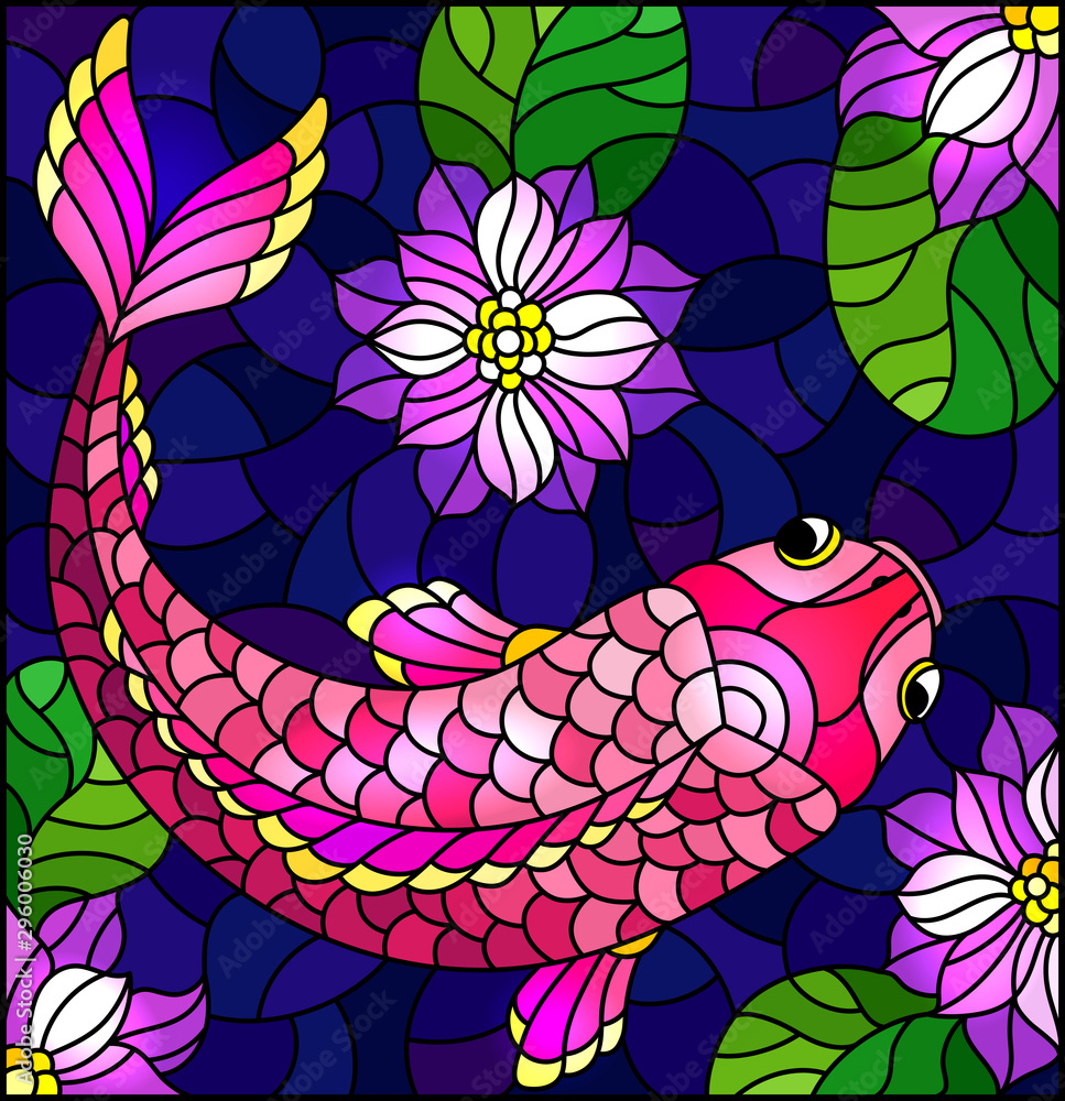 Illustration in stained glass style with a pink fish on a background of purple lotuses and water