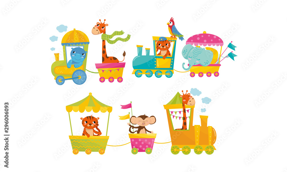 Funny Cartoon Group Of Zoo Animals Riding In Train Vector Illustration