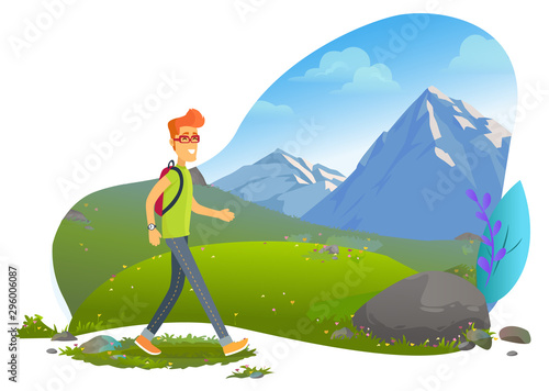 Hiker going on top of mountain, tourism activity. smiling person with backpack going outdoor, landscape view with rock and grass, climbing sport. Vector illustration in flat cartoon style