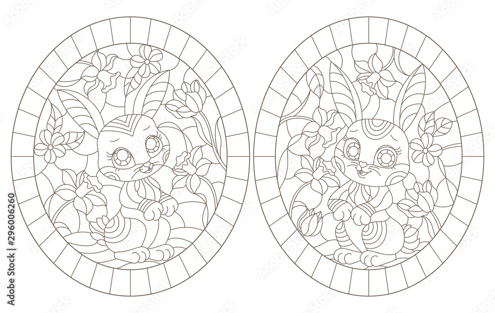 Set of contour illustrations in stained glass style with cute cartoon rabbit on flowers background, dark outlines on white background