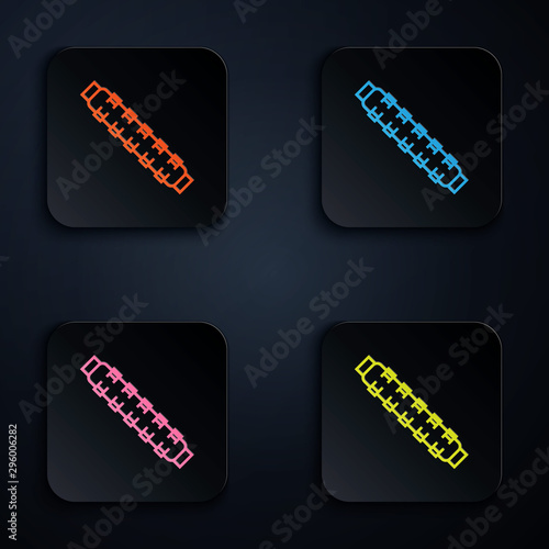 Color neon line Hunting cartridge belt with cartridges icon on white background. Bandolier sign. Hunter equipment, armament. Set icons in colorful square buttons. Vector Illustration