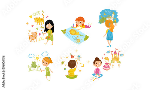 Small Kids Painting On Paper With Paints Vector Illustration Set