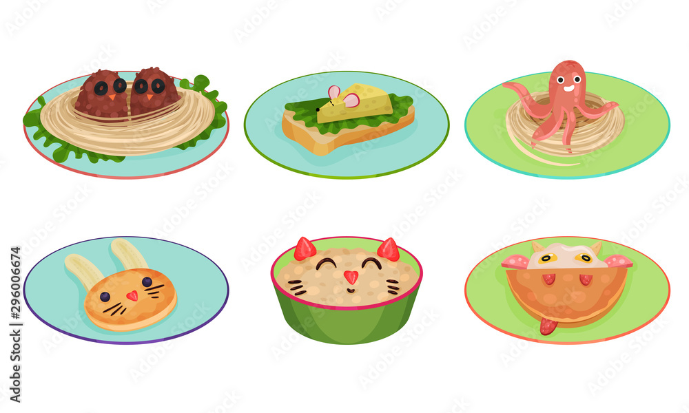 Funny Animal Shaped Dishes With Eyes Vector Isolated Collection