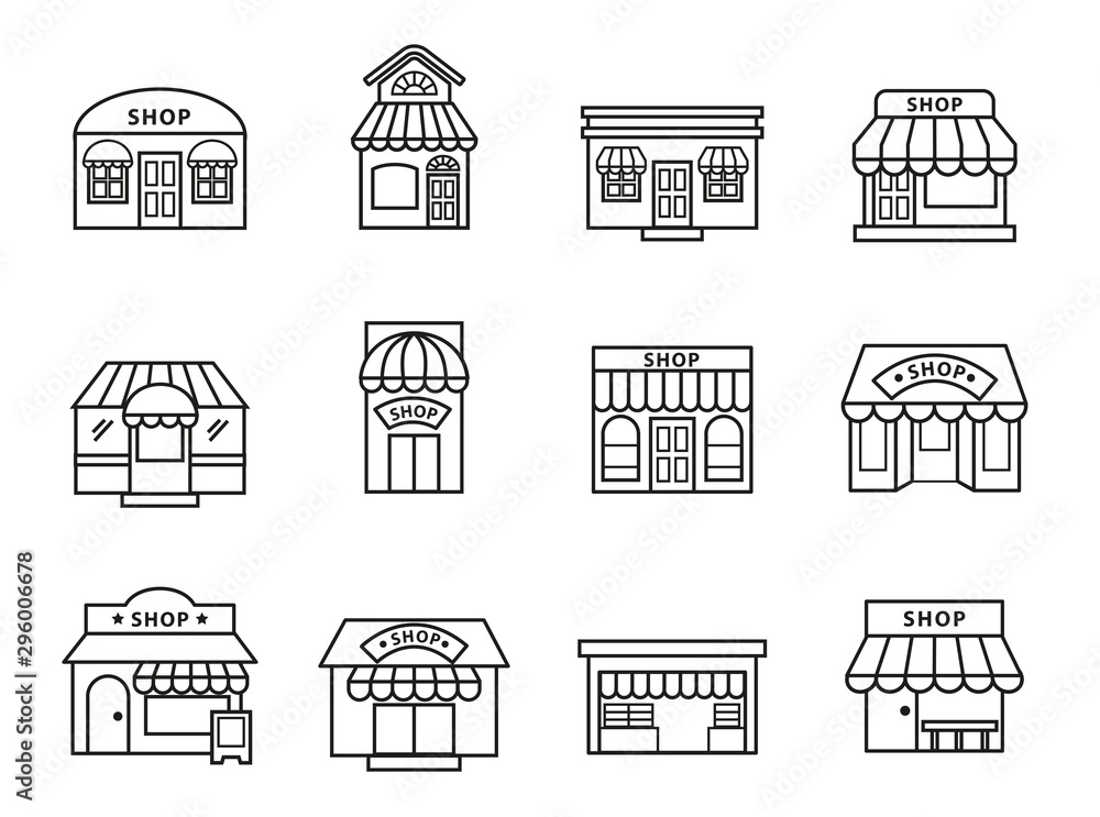 shops and stores building  icon set with white background. Thin Line Style stock vector.