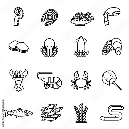 Fish and seafood line icons set with white background. Thin Line Style stock vector.