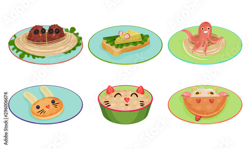Funny Animal Shaped Dishes With Eyes Vector Isolated Collection