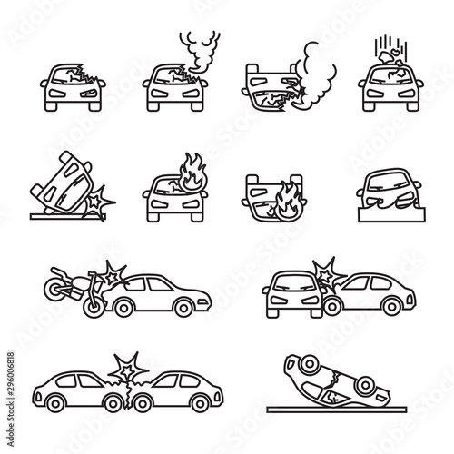 Car accident, Car crash related vector icon set with white background. Thin line style stock.
