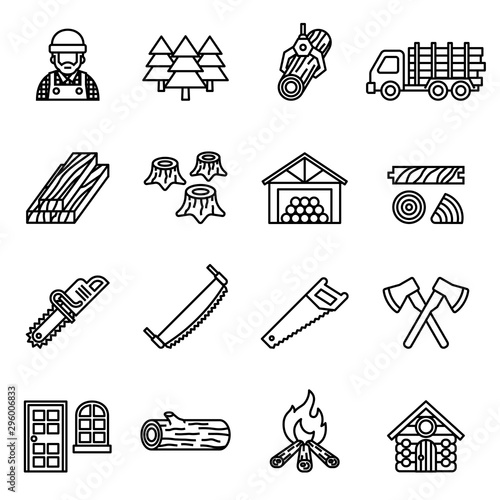 wood lumber mill saw tree cut icon set vector. Line Style stock vector.