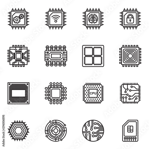 Computer Chips and Electronic Circuit icons with white background. Thin line style stock vector.