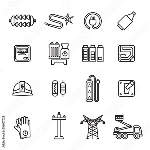 Electricity, power and energy icons set with white background. Thin line style stock vector.