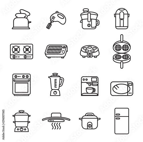 Kitchen electric appliances, household appliances icons set with white background. Thin line style stock.