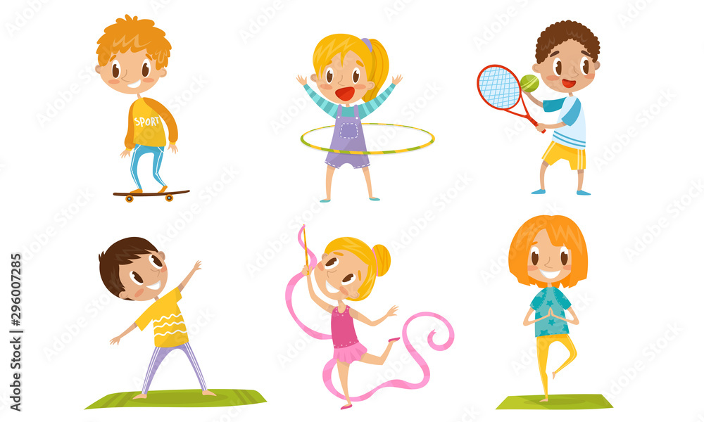 Naklejka premium Children In Different Physical Activities Concept Vector Illustration Set