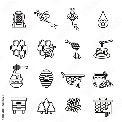 Bee and honey icons set with white background. Thin line style stock.