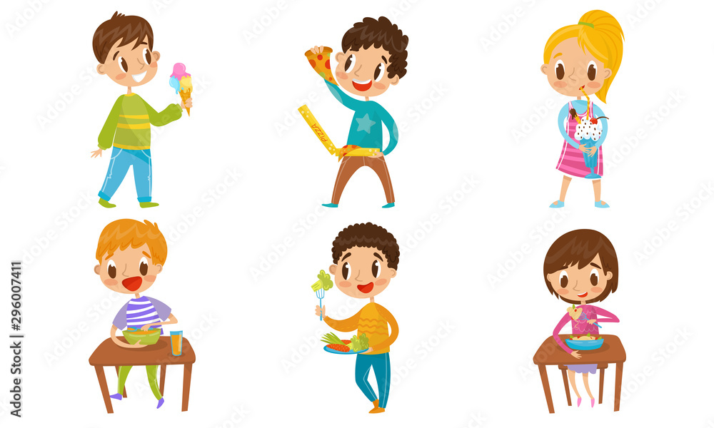 Children Eating Healthy And Junk Food, Different Concepts Vector Illustration Set