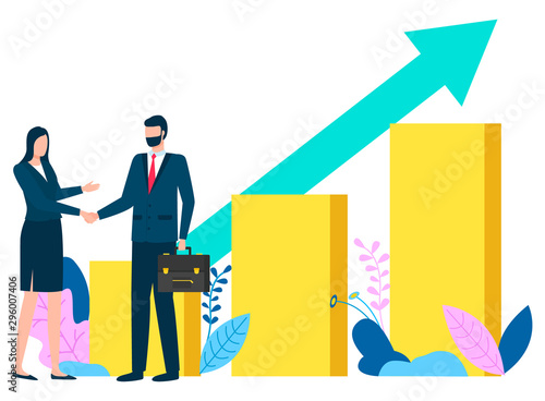 Man and woman handshake of business partners, people by infochart with growing arrow. Successful meeting, companies collaboration achievement. Vector illustration in flat cartoon style