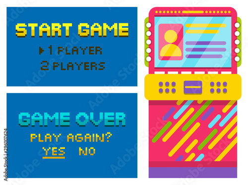 Vintage arcades, colorful retro pixel game machines. Pixelated text game over or start on screen, choose number of players, play again option. Vector illustration in flat cartoon style